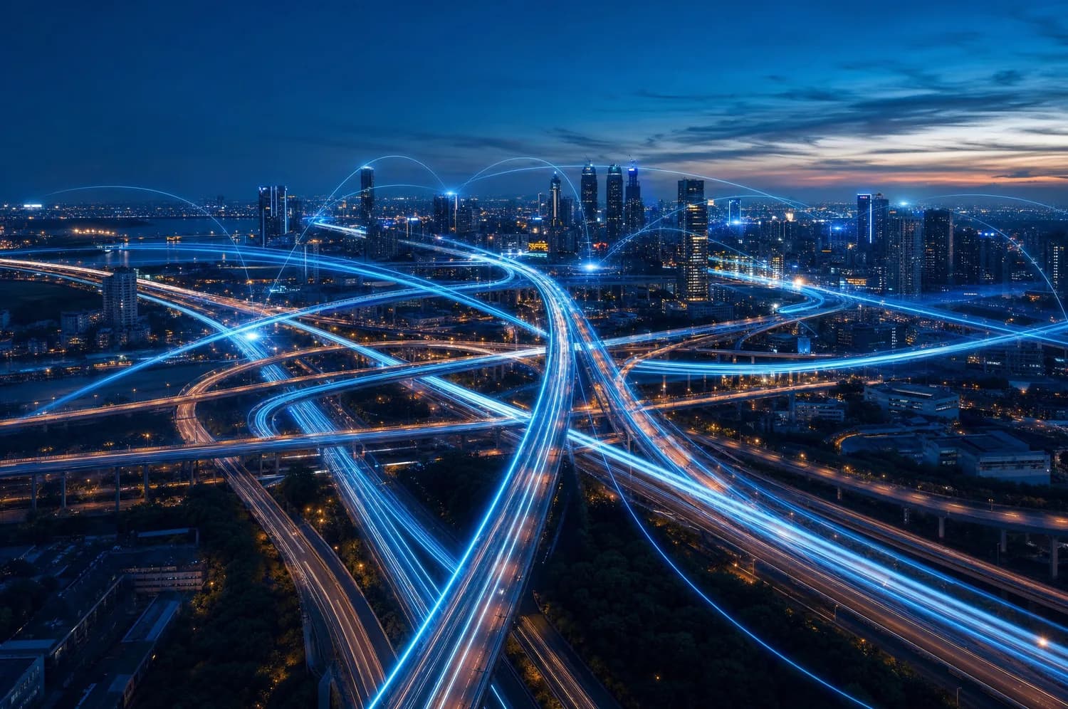 Connected private hire transport network across a city at dusk